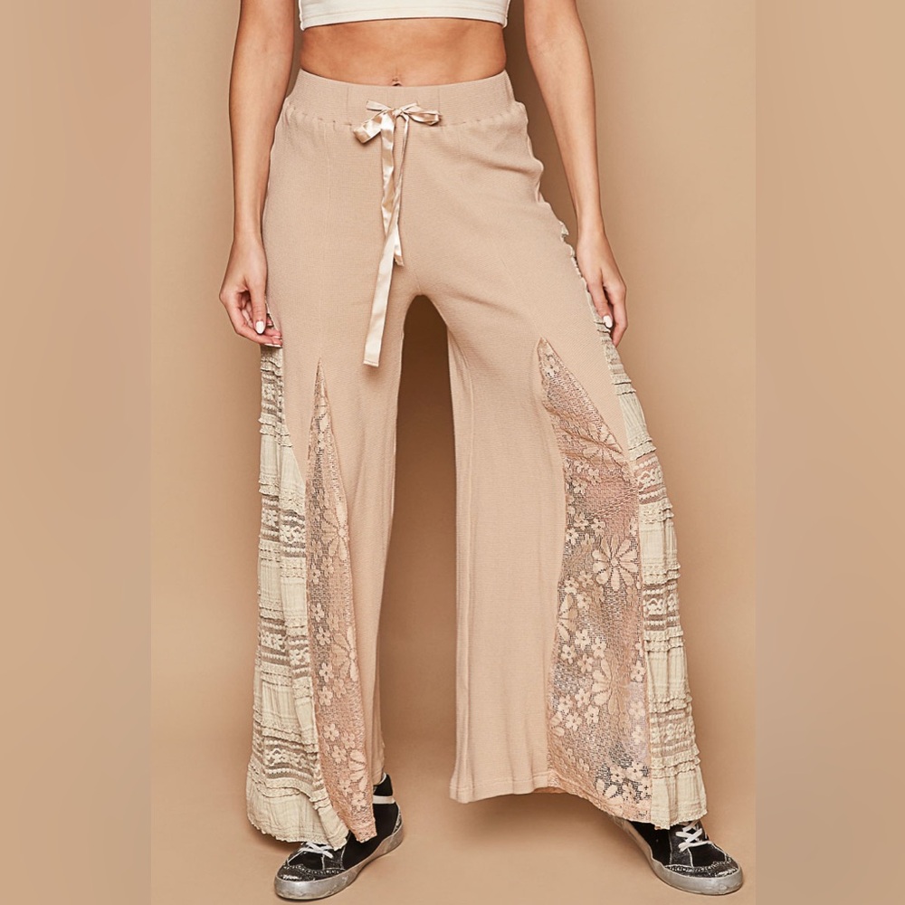 339. POL LAST 1! Wide Leg Pant & Lace Dress Top Tan Pull On Drawstring 2 Piece - Picture 3 of 6